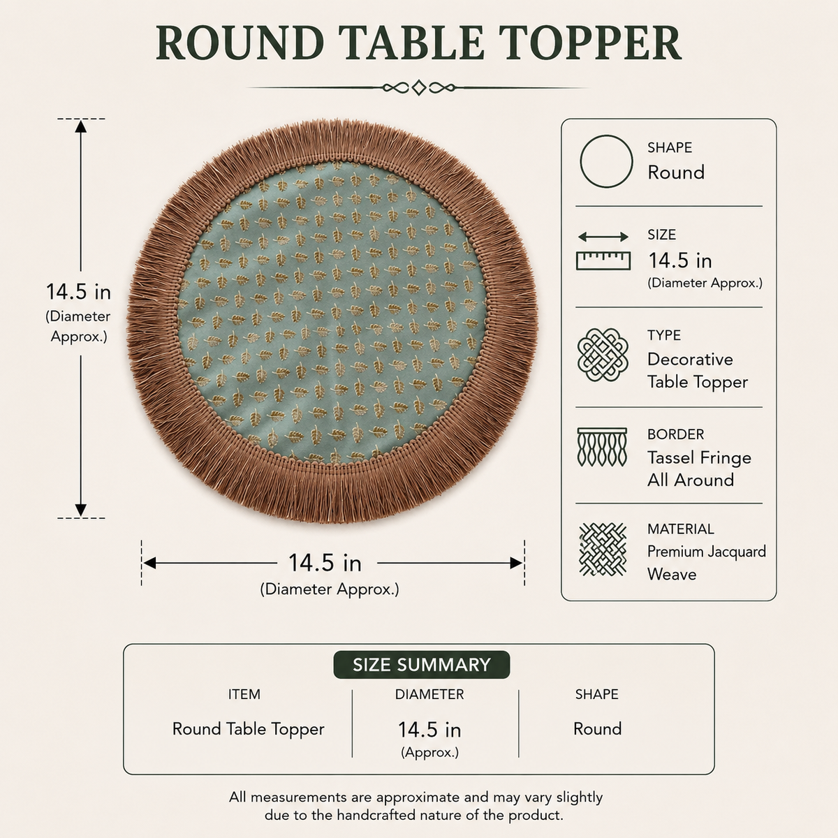 Round table topper size guide showing 14.5 inch diameter with product specifications for sage and copper colorway