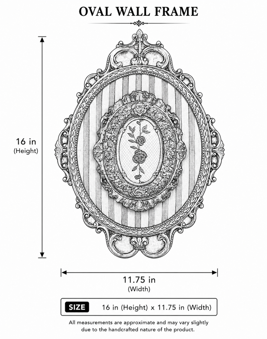 Size diagram showing 16 in height by 11.75 in width for oval wall frame with embroidered rose