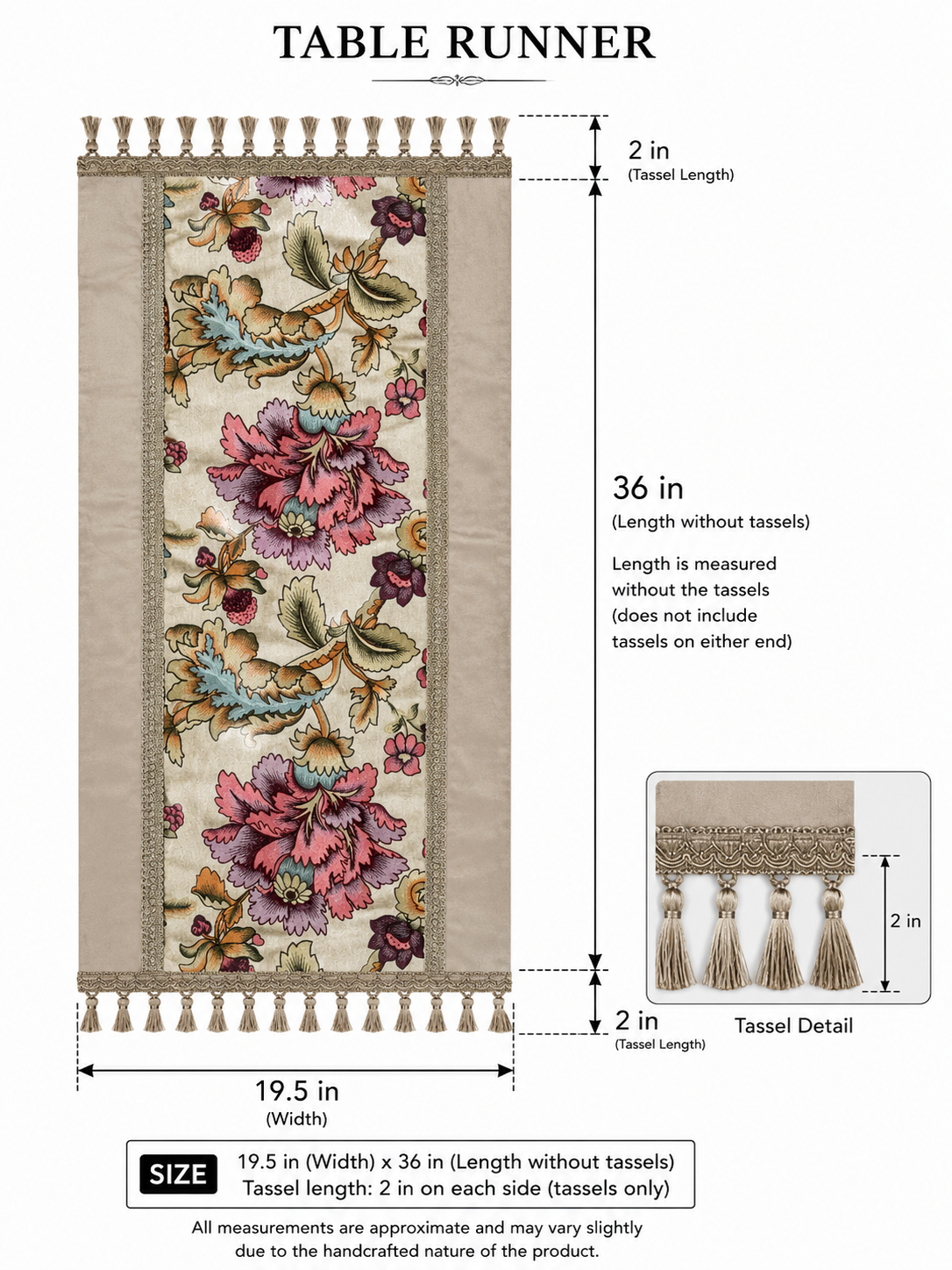 Baroque Floral Embroidered Table Runner with Tassels