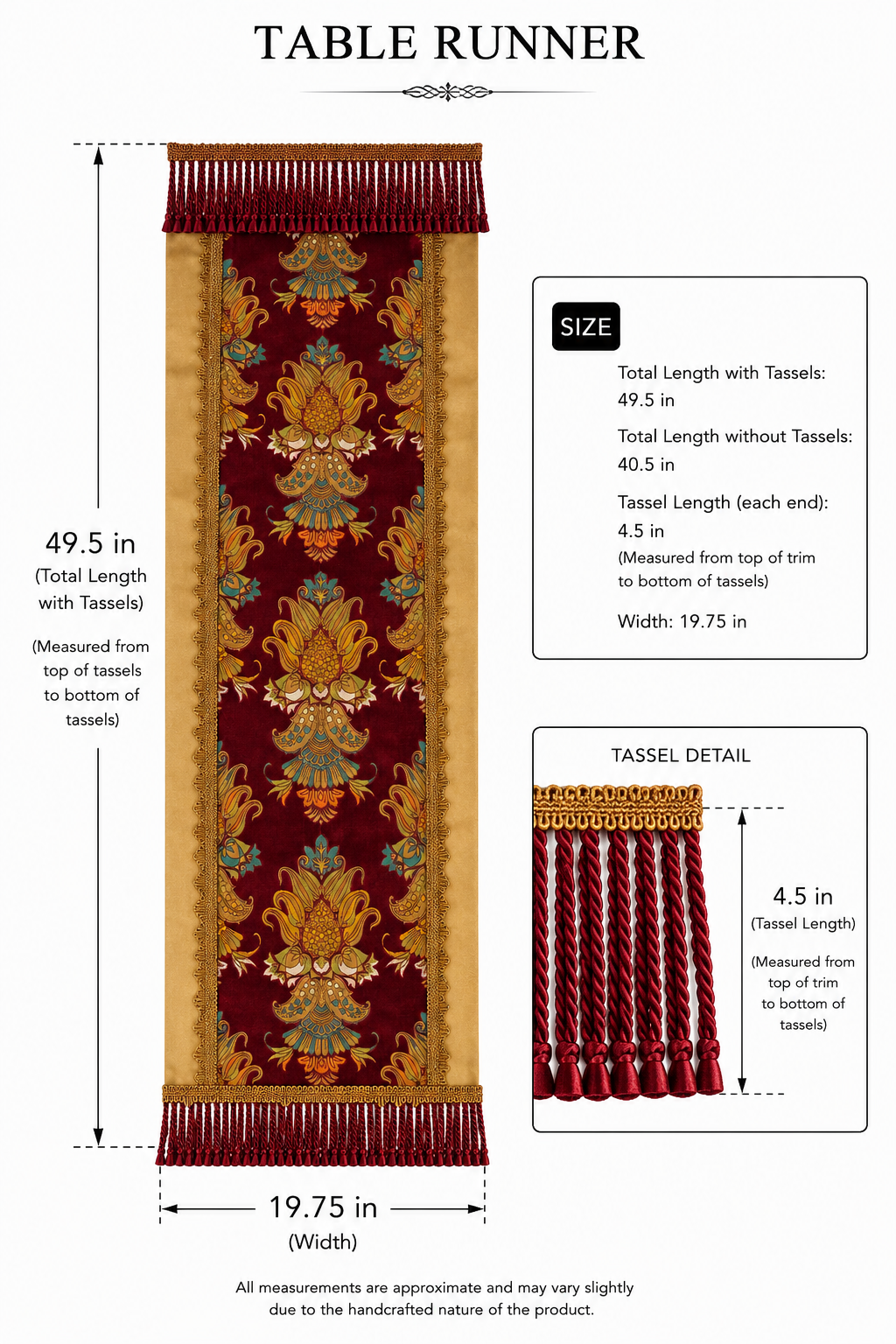 Ornate floral table runner dimensions — 49.5 in. total length with tassels, 19.75 in. wide, 4.5 in. tassel length