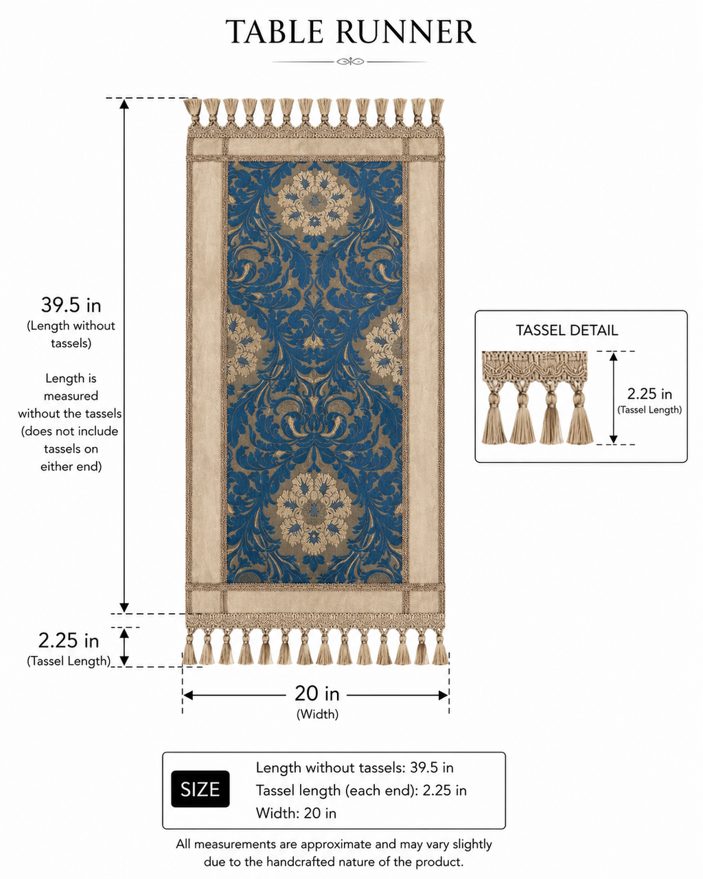 Ornate Table Runner with Tassel Fringe | Blue & Champagne