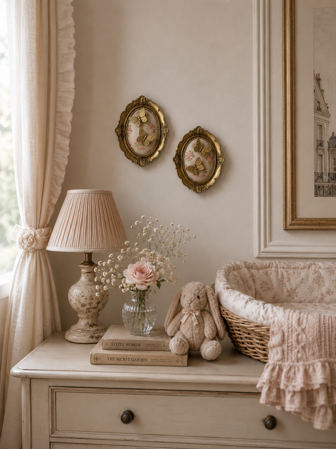 Oval butterfly frames styled in a nursery above a dresser