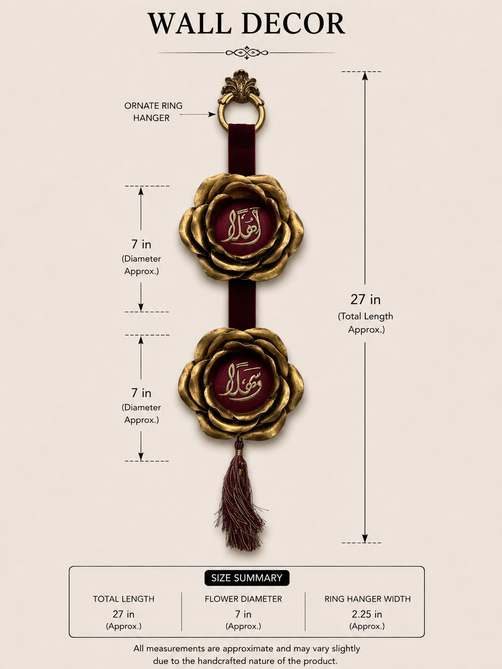 Double Gold Rose Arabic Welcome Wall Hanging with Tassel