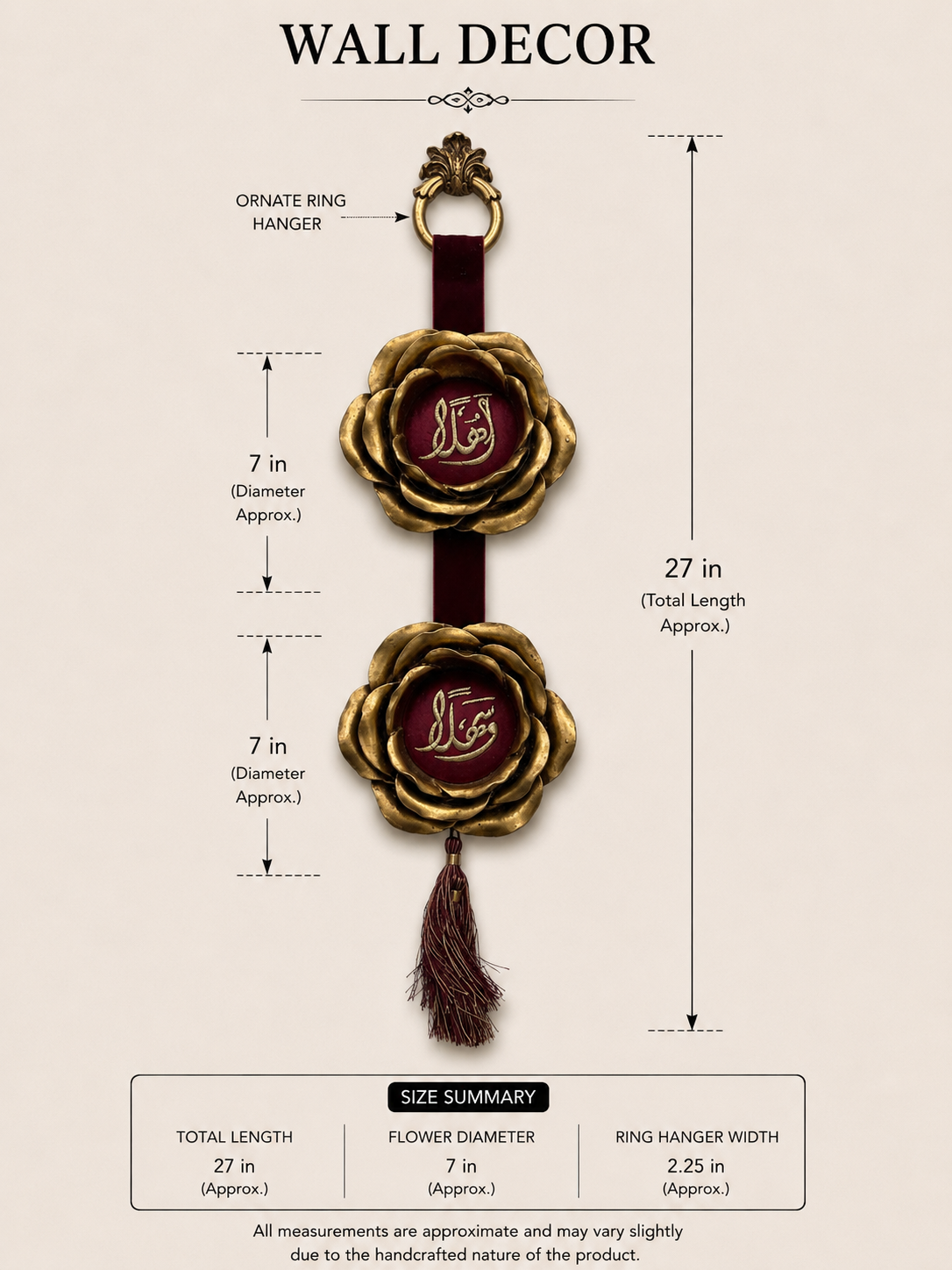 Double Gold Rose Arabic Welcome Wall Hanging with Tassel