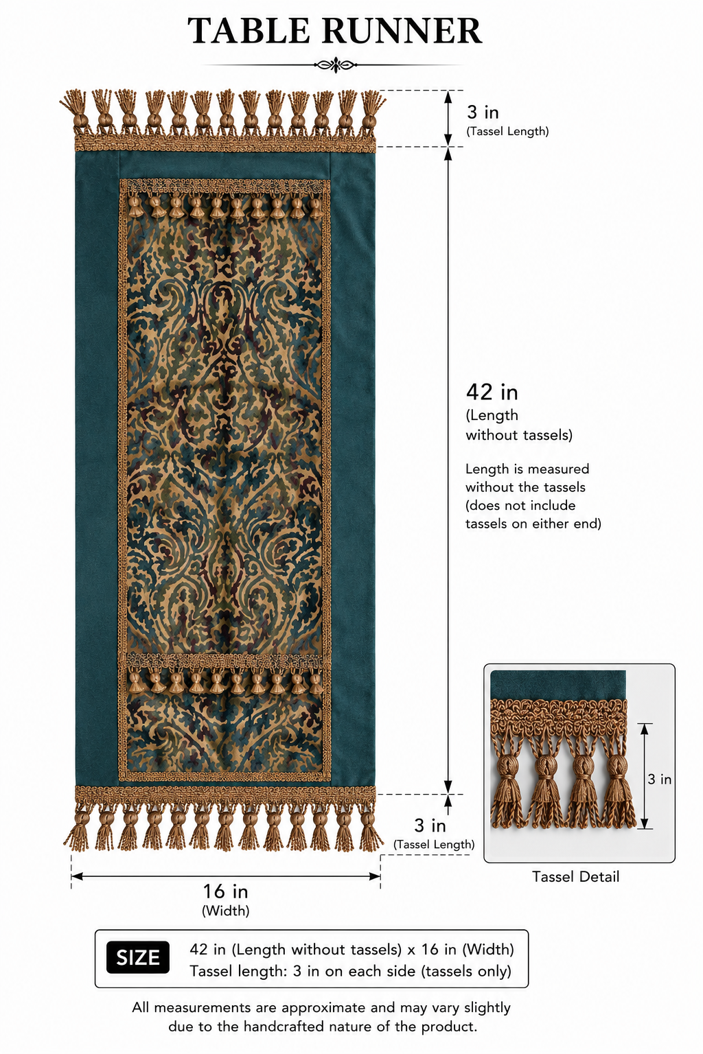 Table runner size diagram — 42 in length, 16 in width, 3 in tassel detail