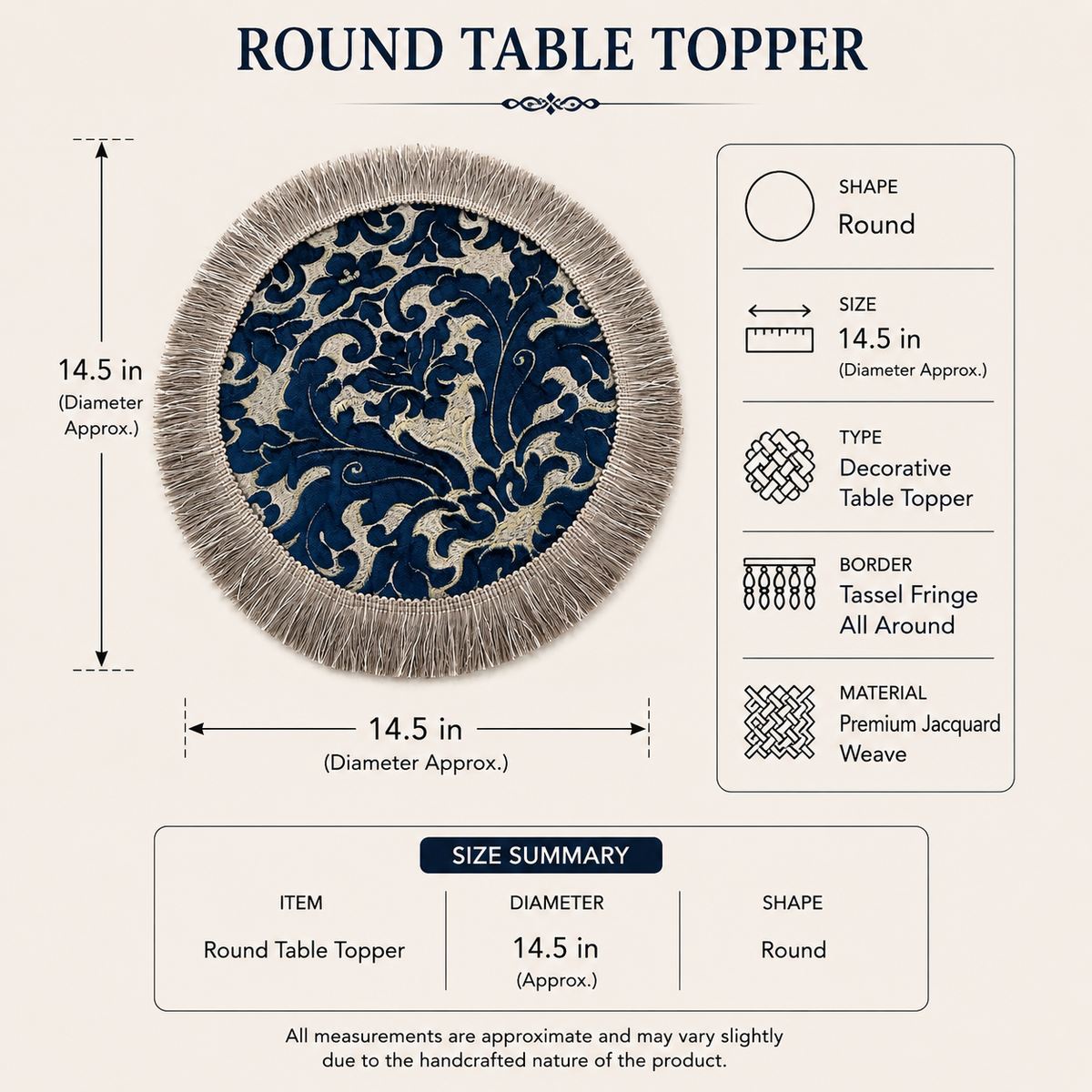 Round table topper size guide showing 14.5 inch diameter with product specifications