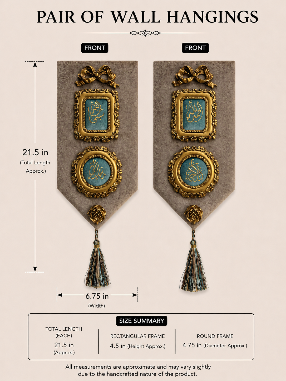 Pair of Islamic calligraphy wall hangings with baroque gold frames and tassels – size guide