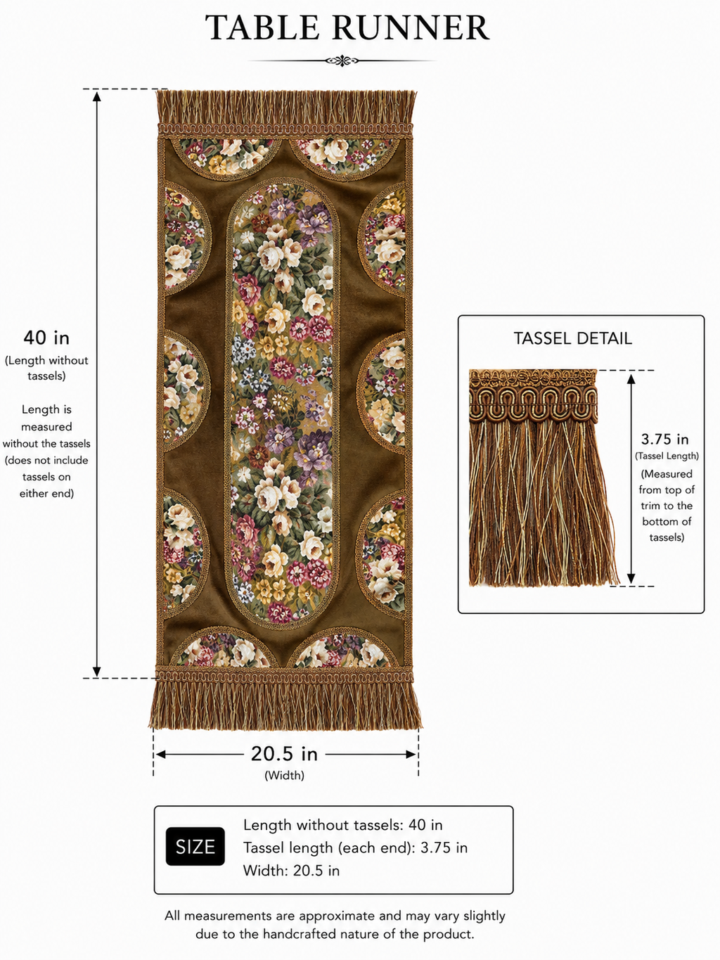 Baroque Floral Tapestry Table Runner – Gold Trim & Tassel Fringe (40 in)