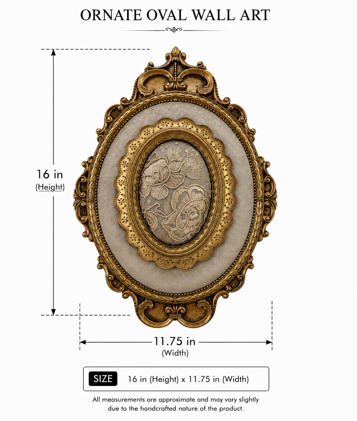 Ornate Oval Wall Art – Baroque Gold Frame with Embroidered Floral Centerpiece (Set of 2)