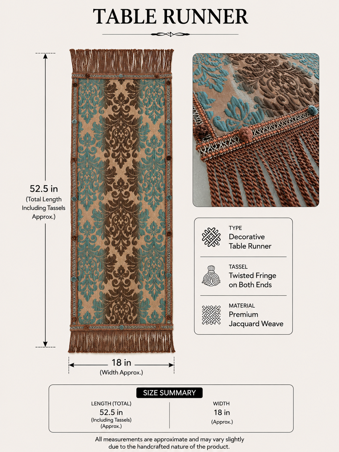 Baroque damask table runner dimensions and detail — 52.5 in. L × 18 in. W, twisted fringe, premium Jacquard weave