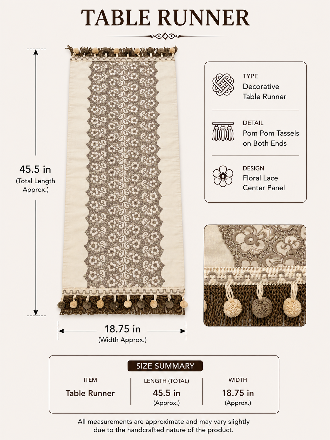 Table runner size diagram — 45.5 in length, 18.75 in width with pom pom tassels