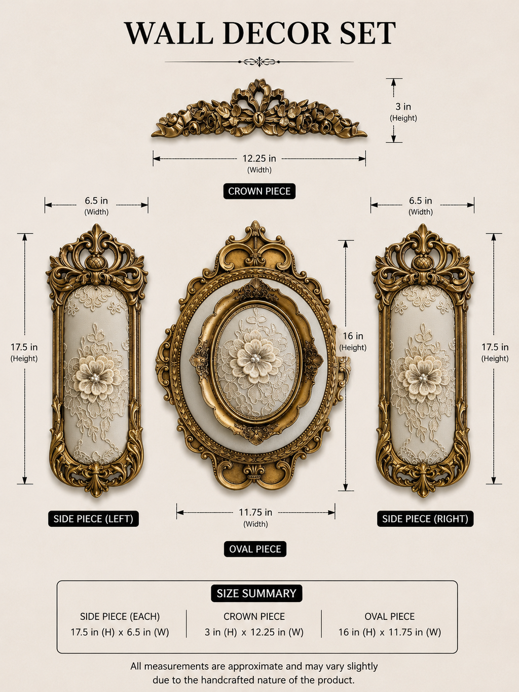 Baroque Gold Wall Decor Set – Oval, Rectangular Frames & Crown Piece