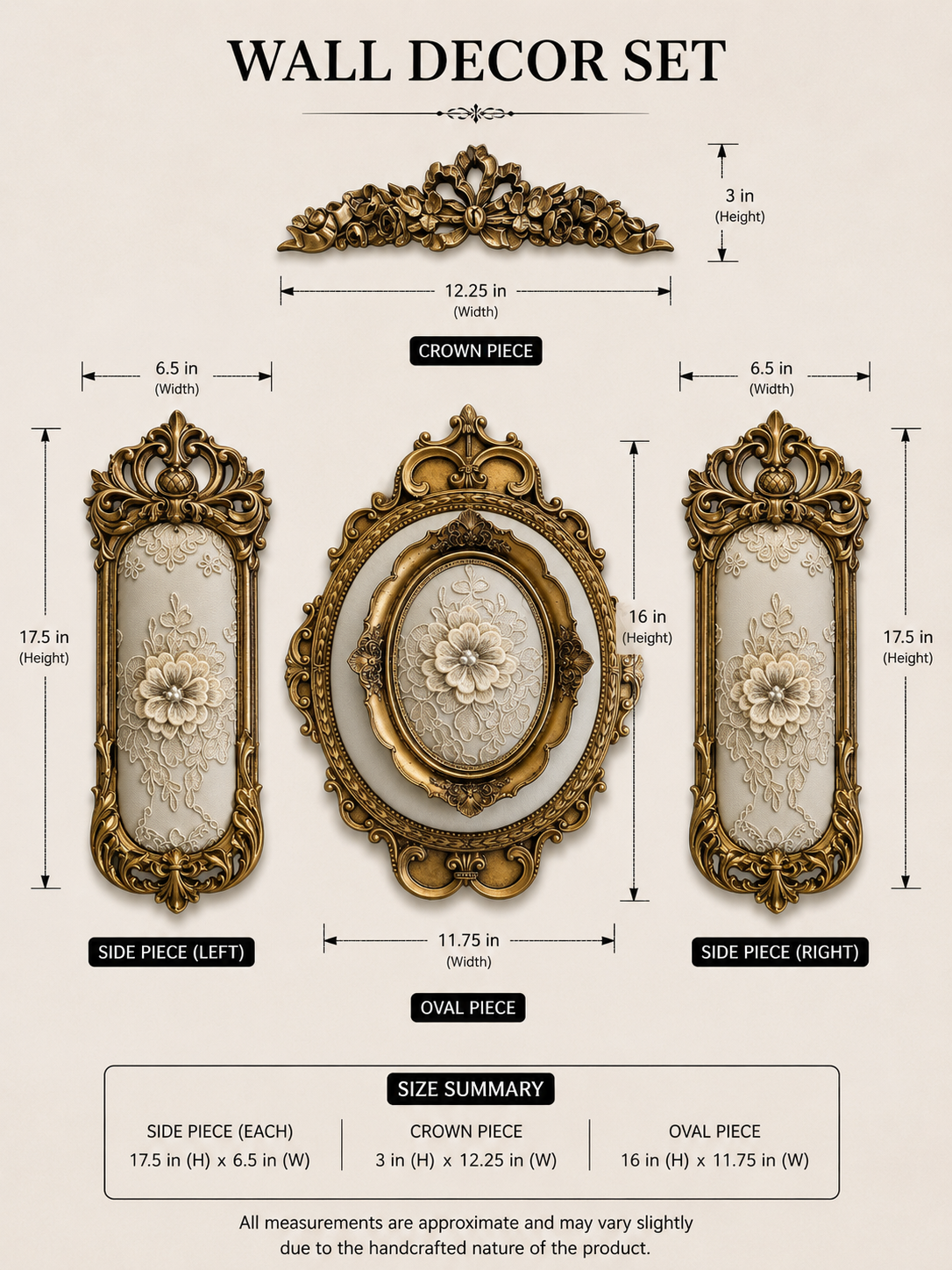 Baroque Gold Wall Decor Set – Oval, Rectangular Frames & Crown Piece