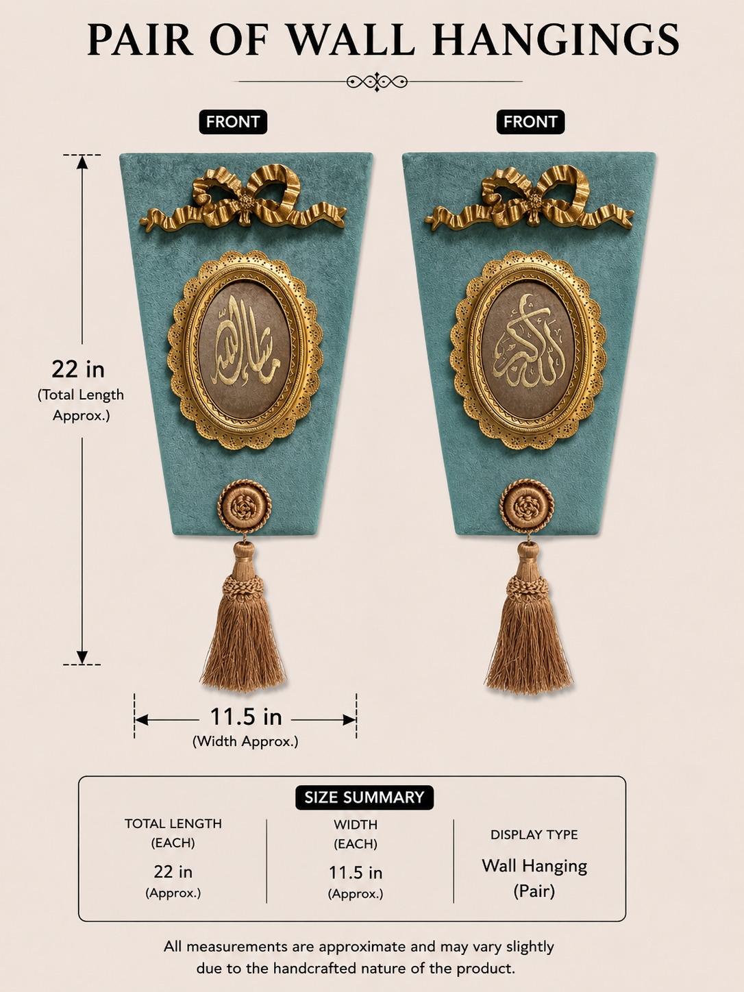 Pair of Islamic calligraphy wall hangings – MashaAllah and Alhamdulillah, teal and gold, with size dimensions