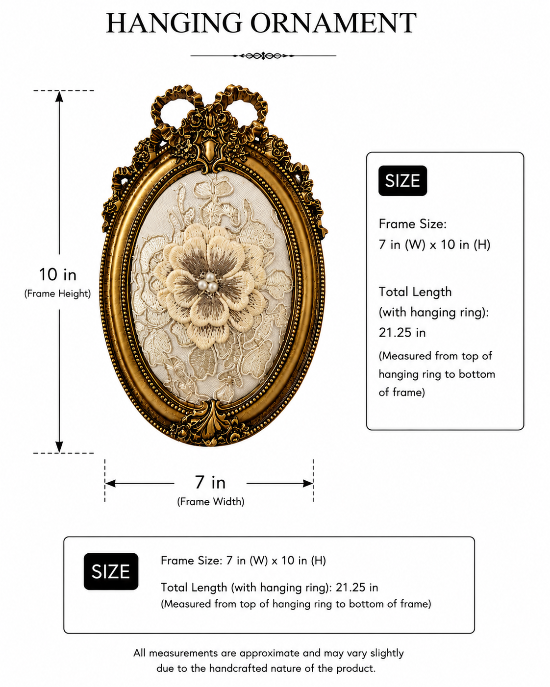 Gold Oval Bow Frame with 3D Embroidered Flower – Set of 2
