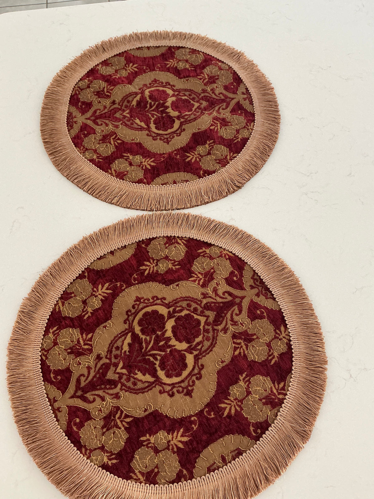 Ornate Round Table Topper with Tassel Fringe – Set of 2