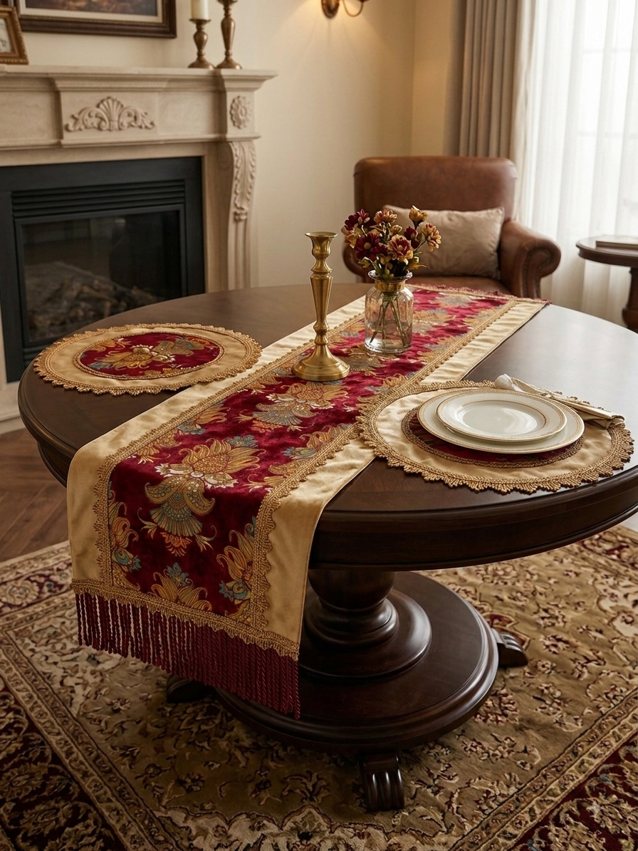 Round ornate floral table cover with gold trim border — 19.5 in. diameter, 2 in. trim width