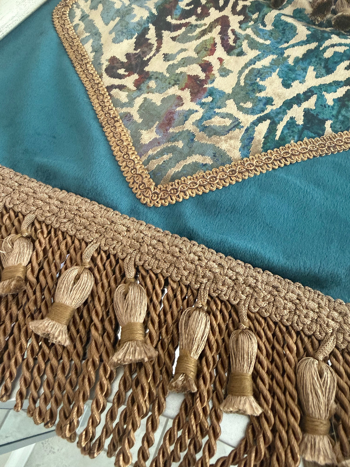 Teal Velvet Damask Table Runner – Gold Tassel Fringe (42 in)