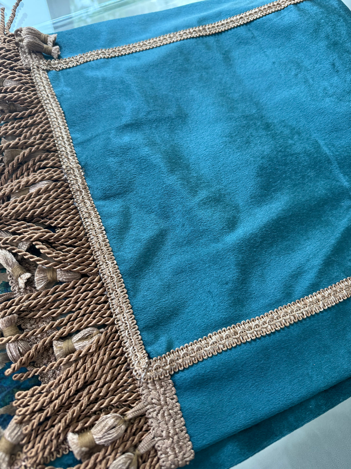 Teal Velvet Damask Table Runner – Gold Tassel Fringe (42 in)