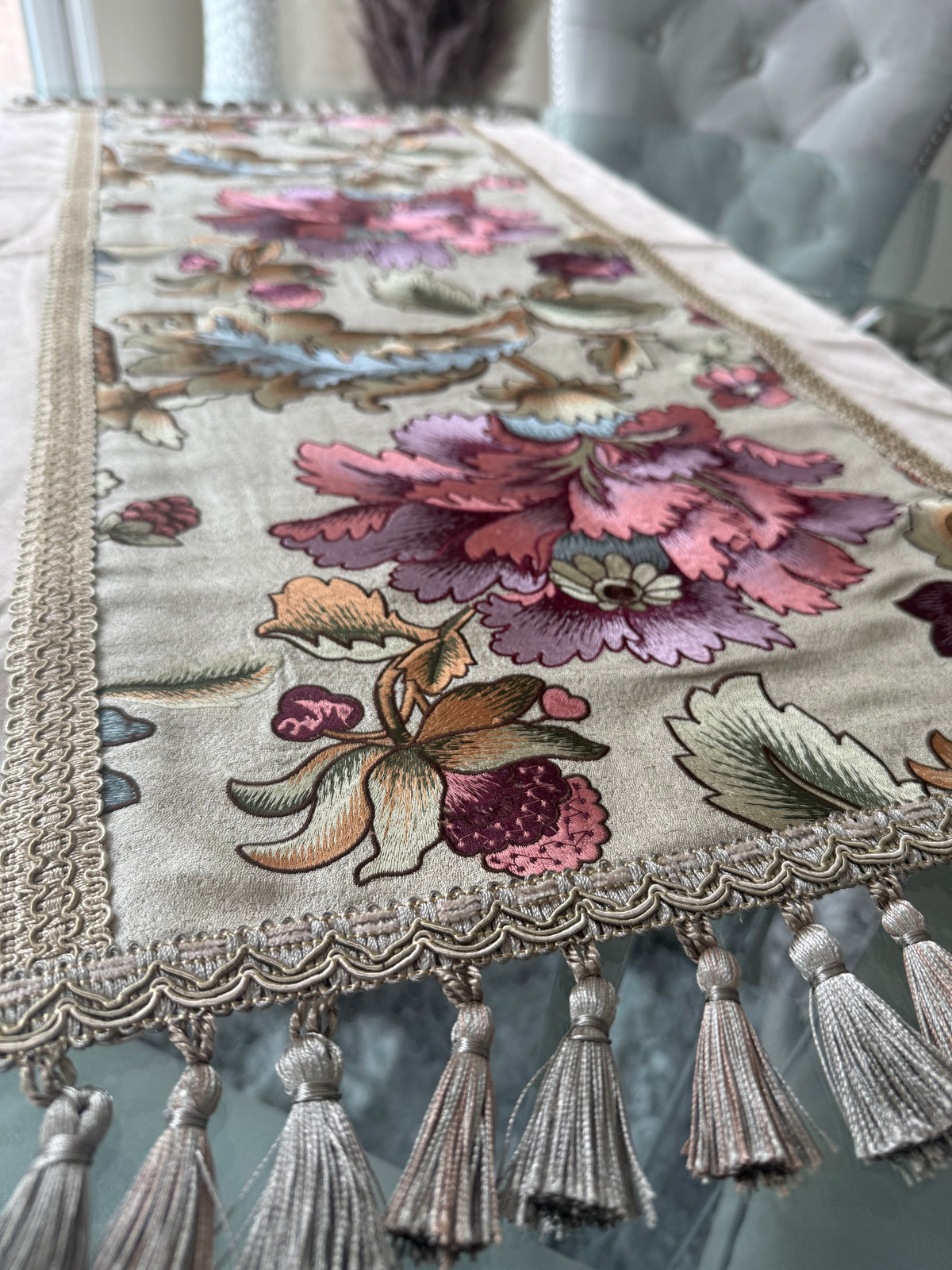 Baroque Floral Embroidered Table Runner with Tassels