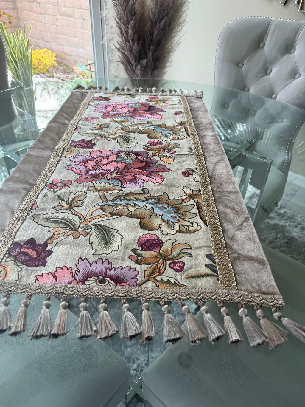 Baroque Floral Embroidered Table Runner with Tassels