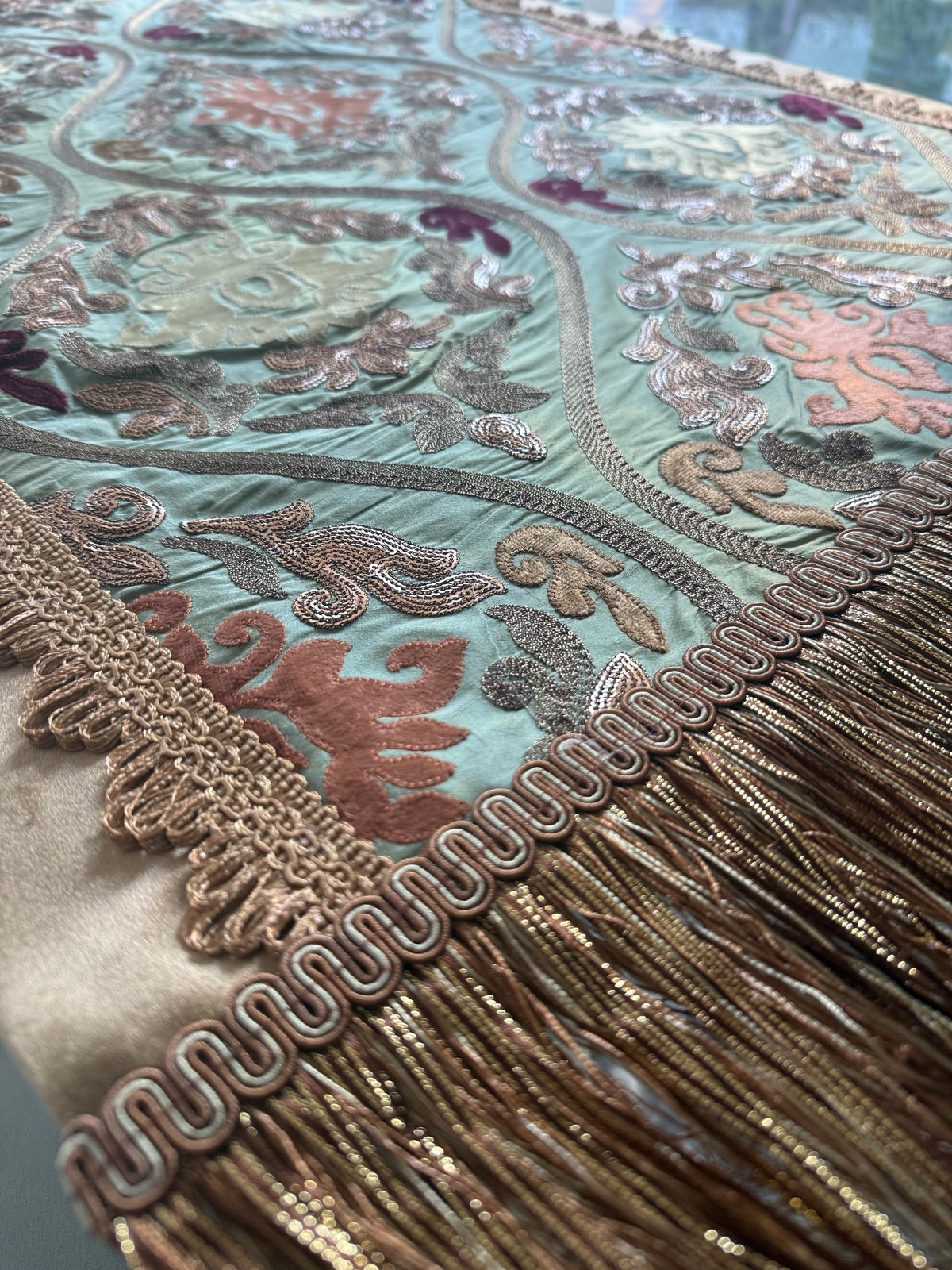 Sage Green Damask Table Runner – Sequins, Gold Trim & Tassel Fringe (39 in)