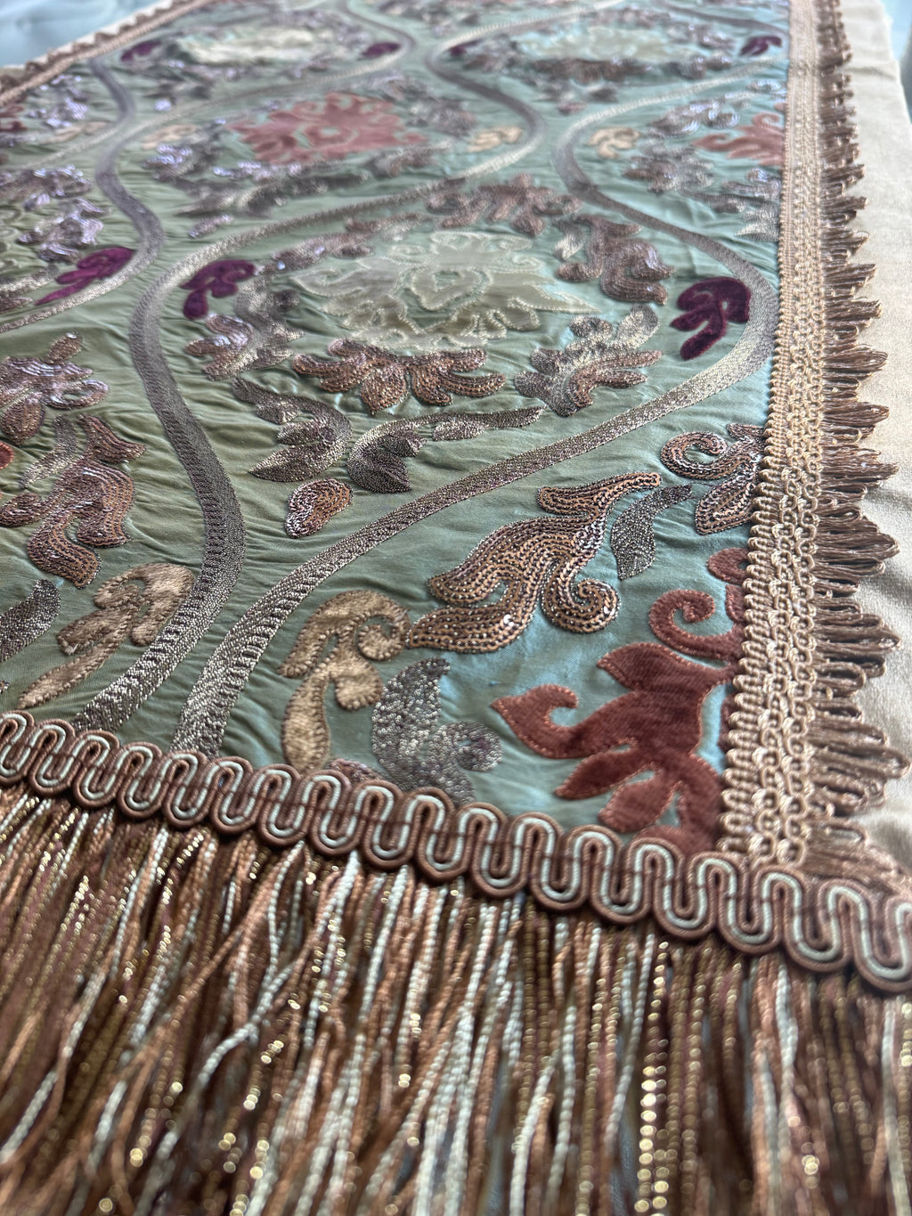 Sage Green Damask Table Runner – Sequins, Gold Trim & Tassel Fringe (39 in)