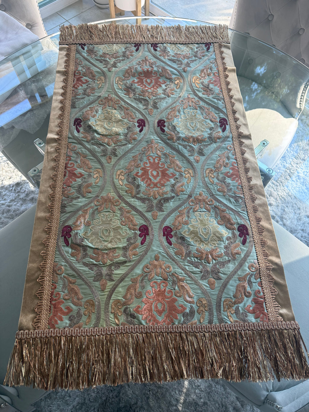 Sage Green Damask Table Runner – Sequins, Gold Trim & Tassel Fringe (39 in)