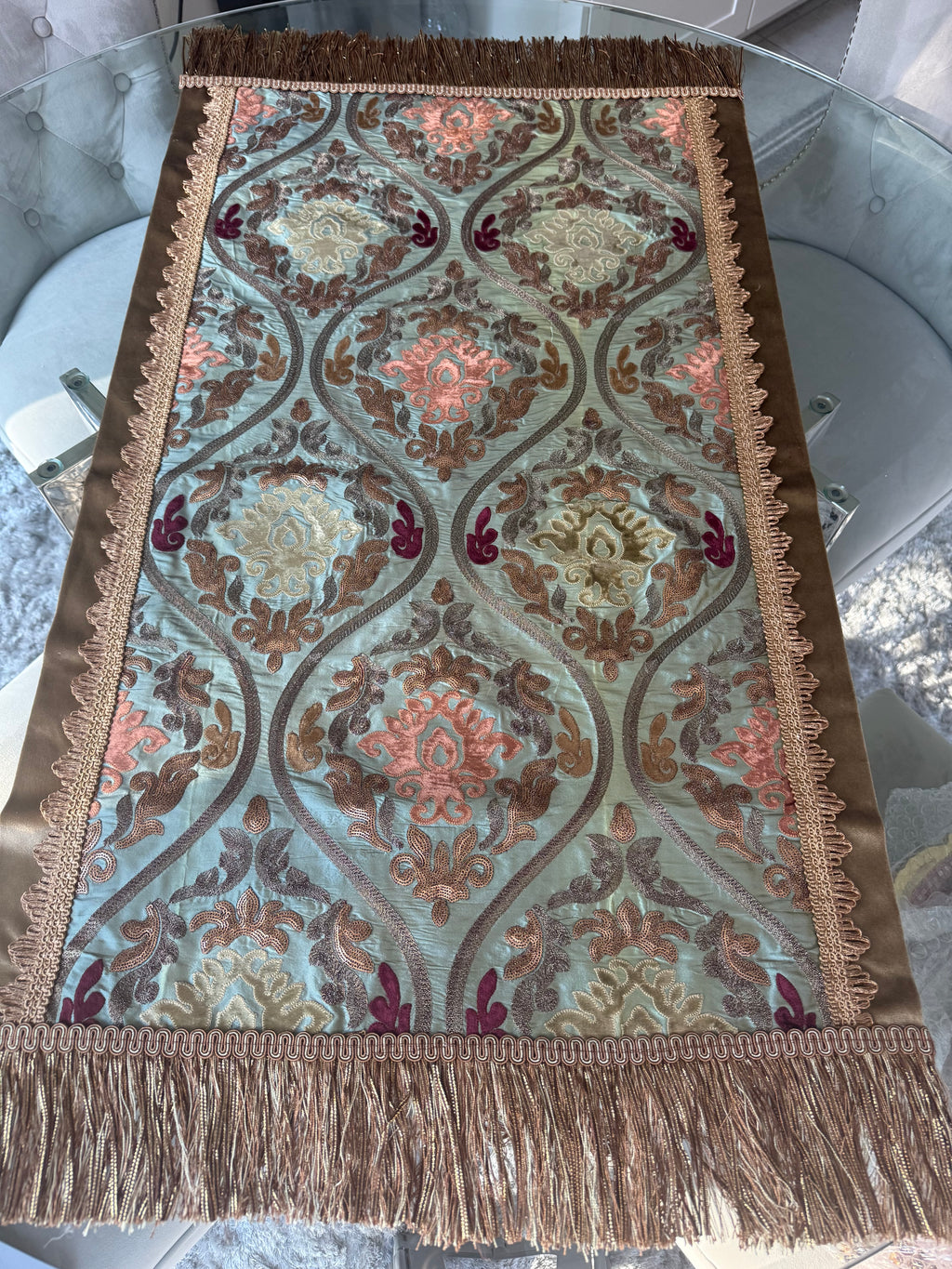 Sage Green Damask Table Runner – Sequins, Gold Trim & Tassel Fringe (39 in)