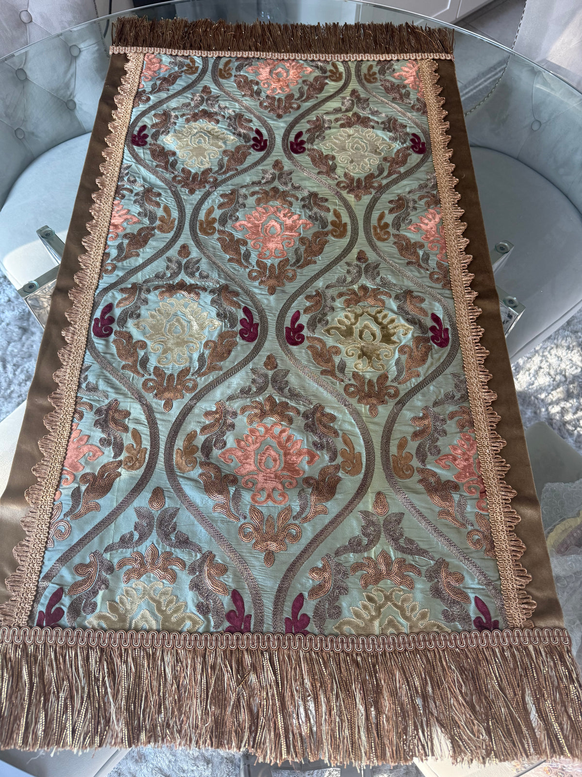 Sage Green Damask Table Runner – Sequins, Gold Trim & Tassel Fringe (39 in)