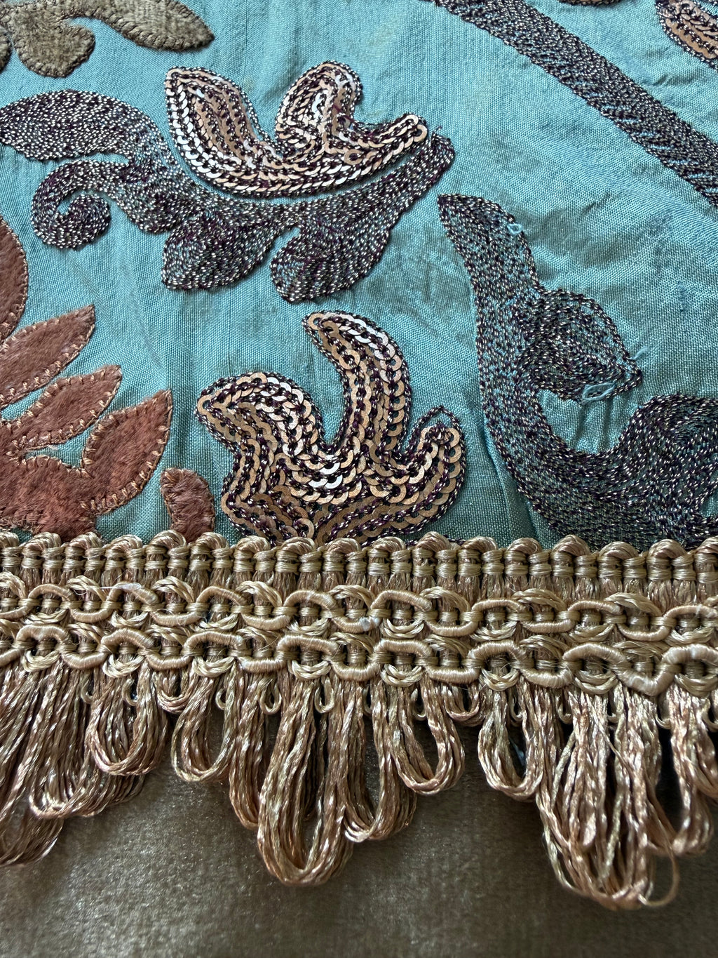 Sage Green Damask Table Runner – Sequins, Gold Trim & Tassel Fringe (39 in)