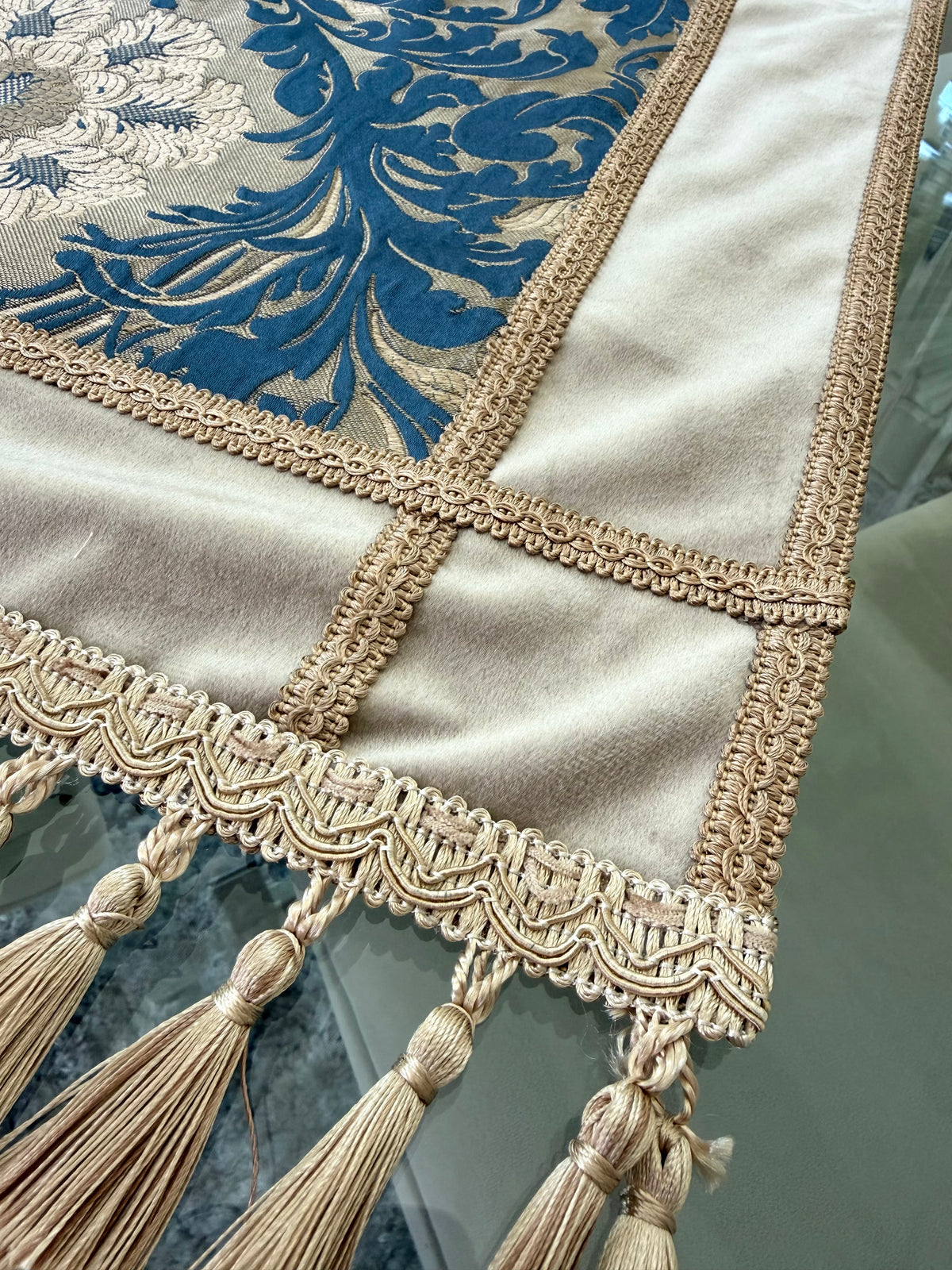 Ornate Table Runner with Tassel Fringe | Blue & Champagne