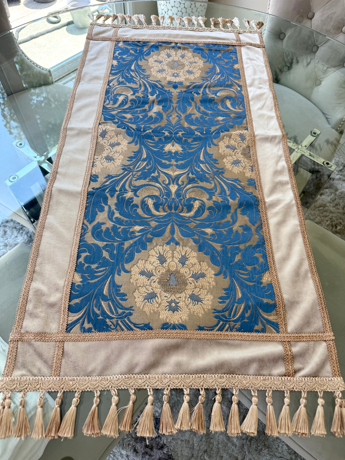 Ornate Table Runner with Tassel Fringe | Blue & Champagne