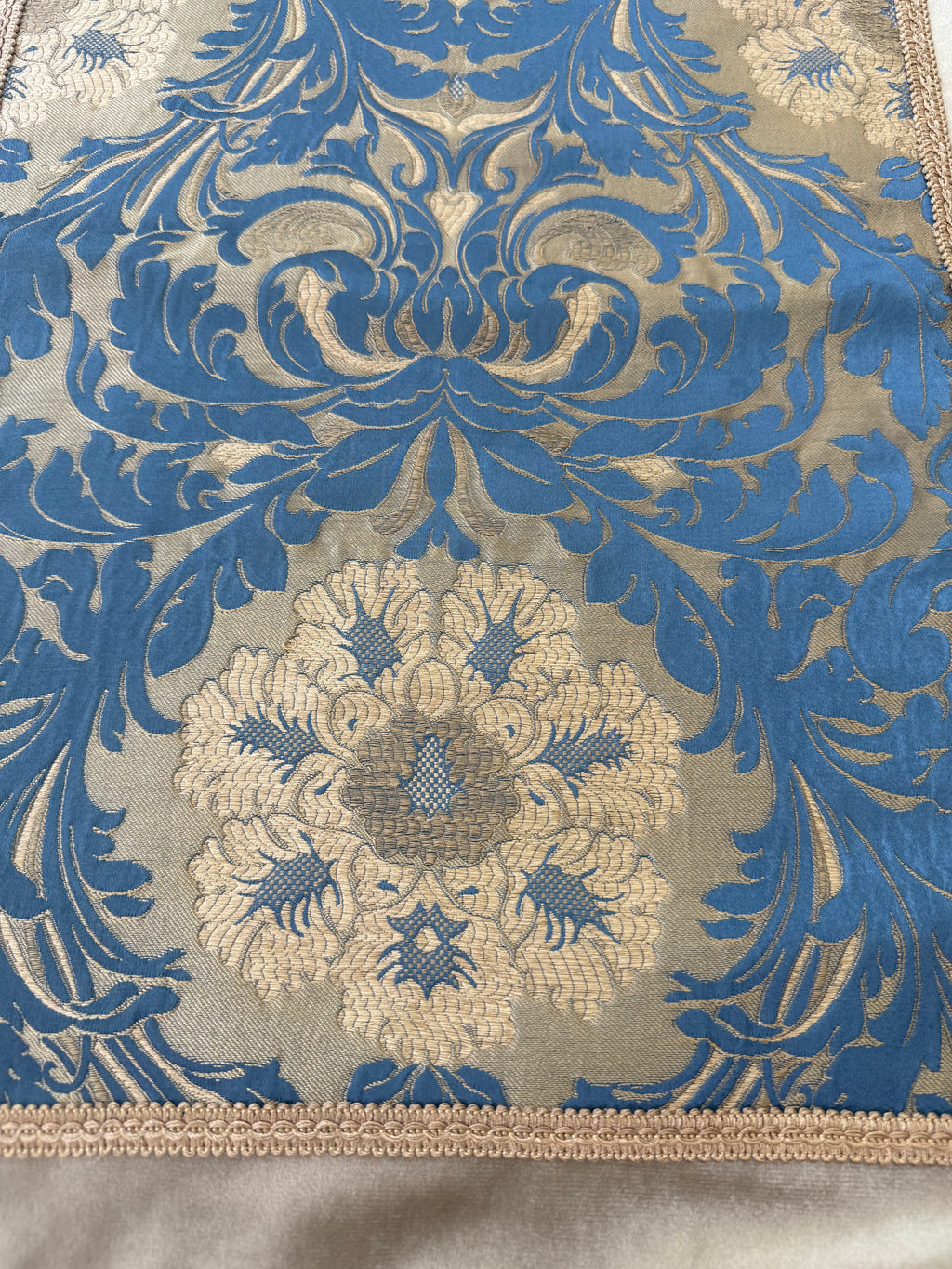 Ornate Table Runner with Tassel Fringe | Blue & Champagne