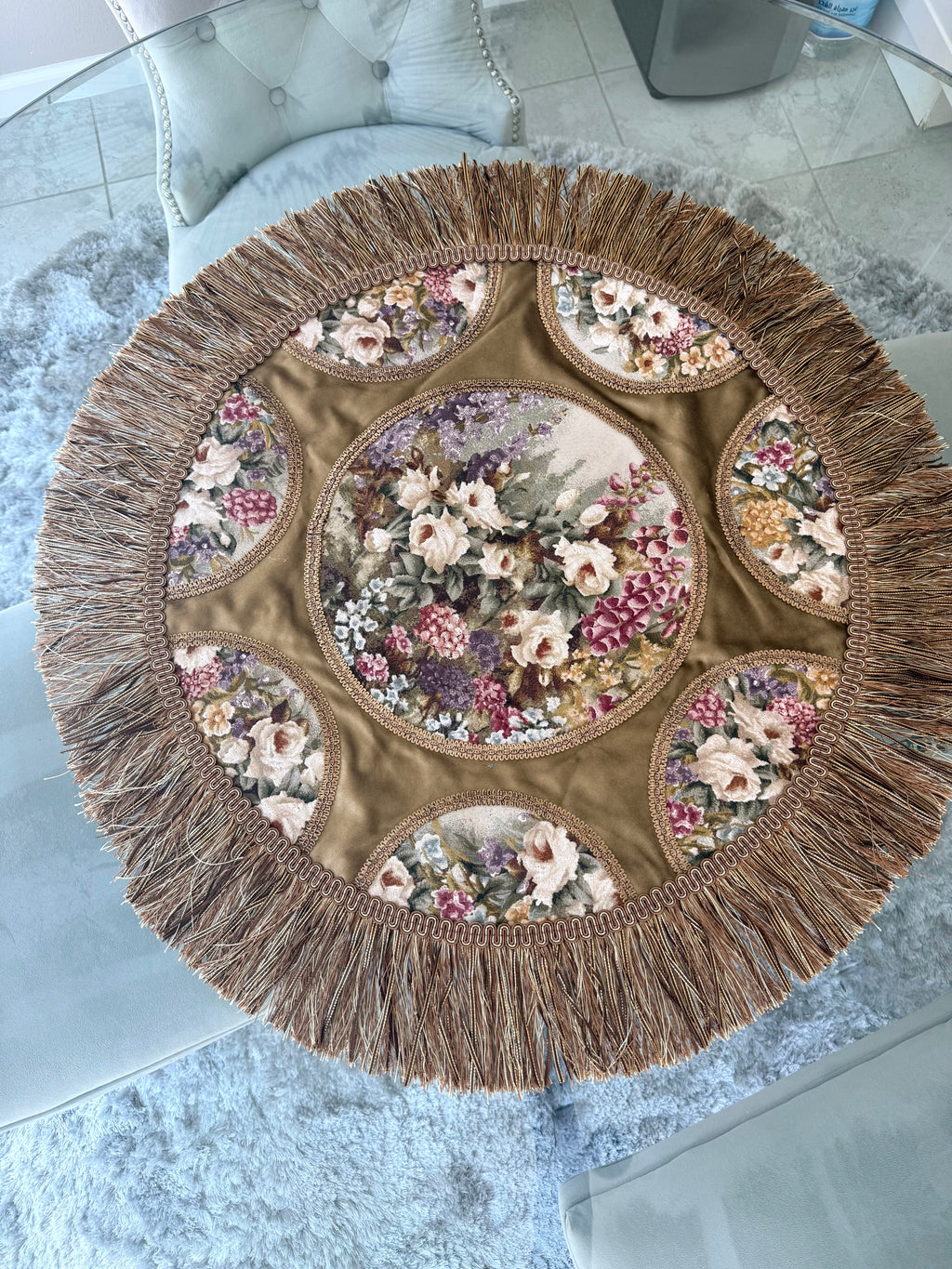 Round Floral Tapestry Table Cover with Fringe