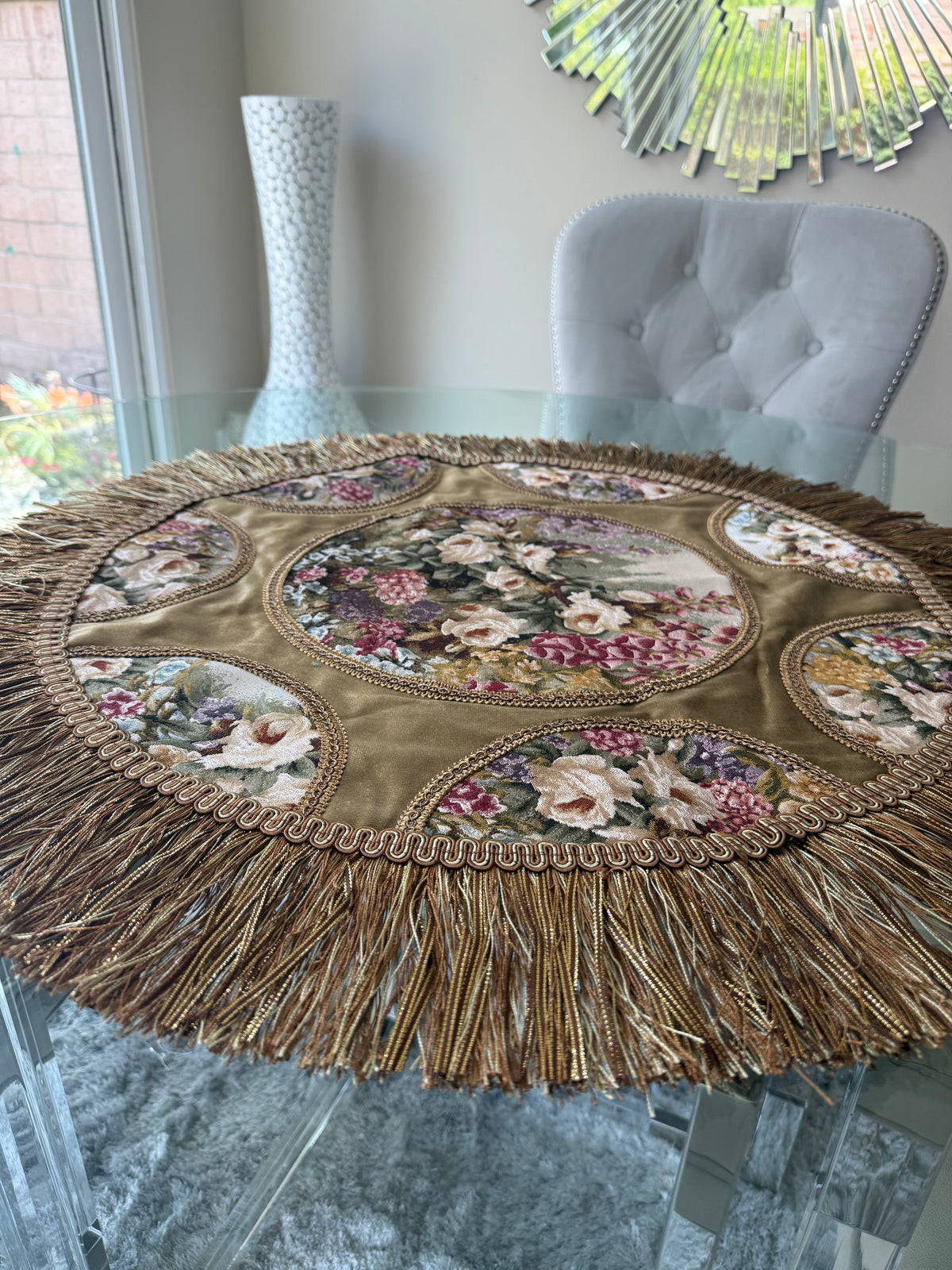 Round Floral Tapestry Table Cover with Fringe