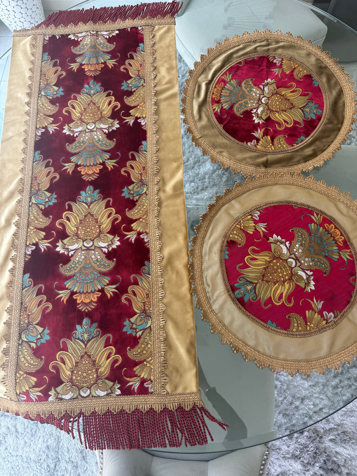 Ornate Floral Table Runner & Round Cover Set — 3 Piece