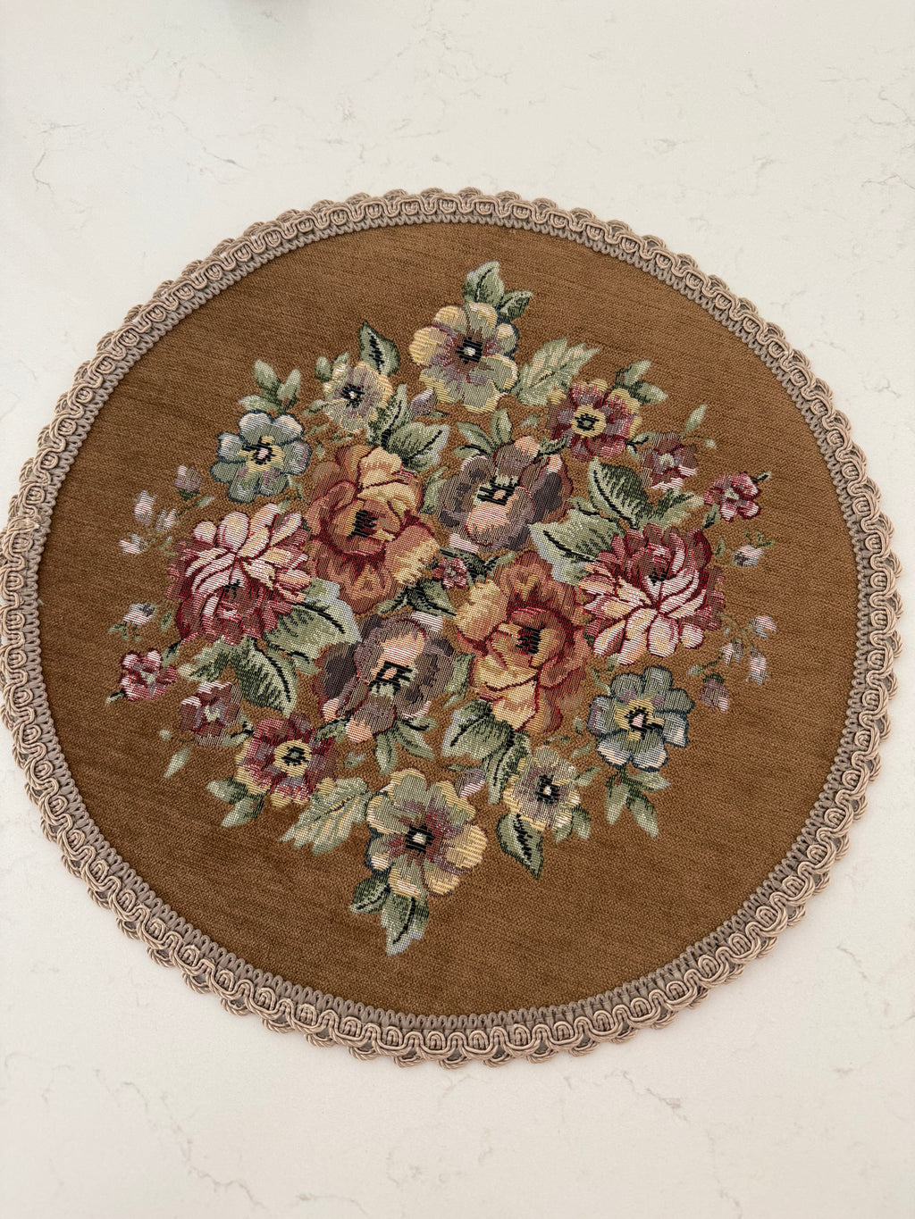 Round Floral Tapestry Table Cover with Lace Edge — Set of 2