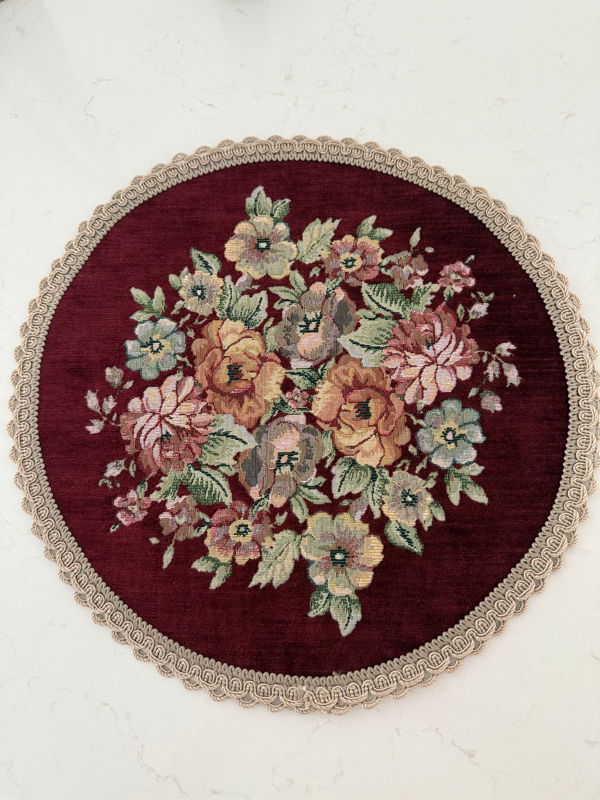 Round Floral Tapestry Table Cover with Lace Edge — Set of 2