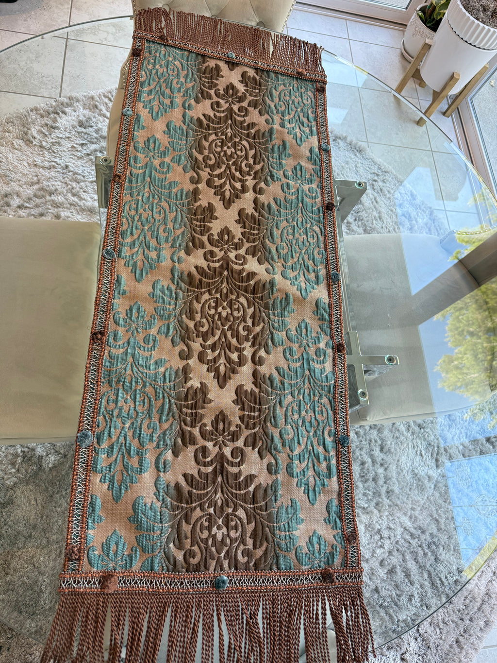 Ornate Damask Table Runner with Twisted Fringe