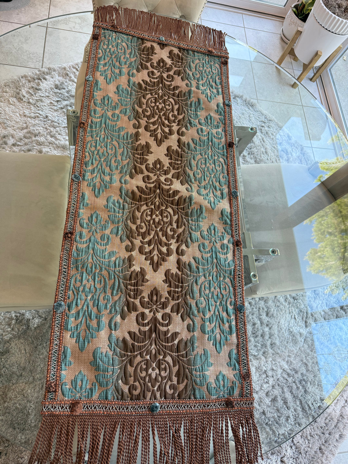 Ornate Damask Table Runner with Twisted Fringe