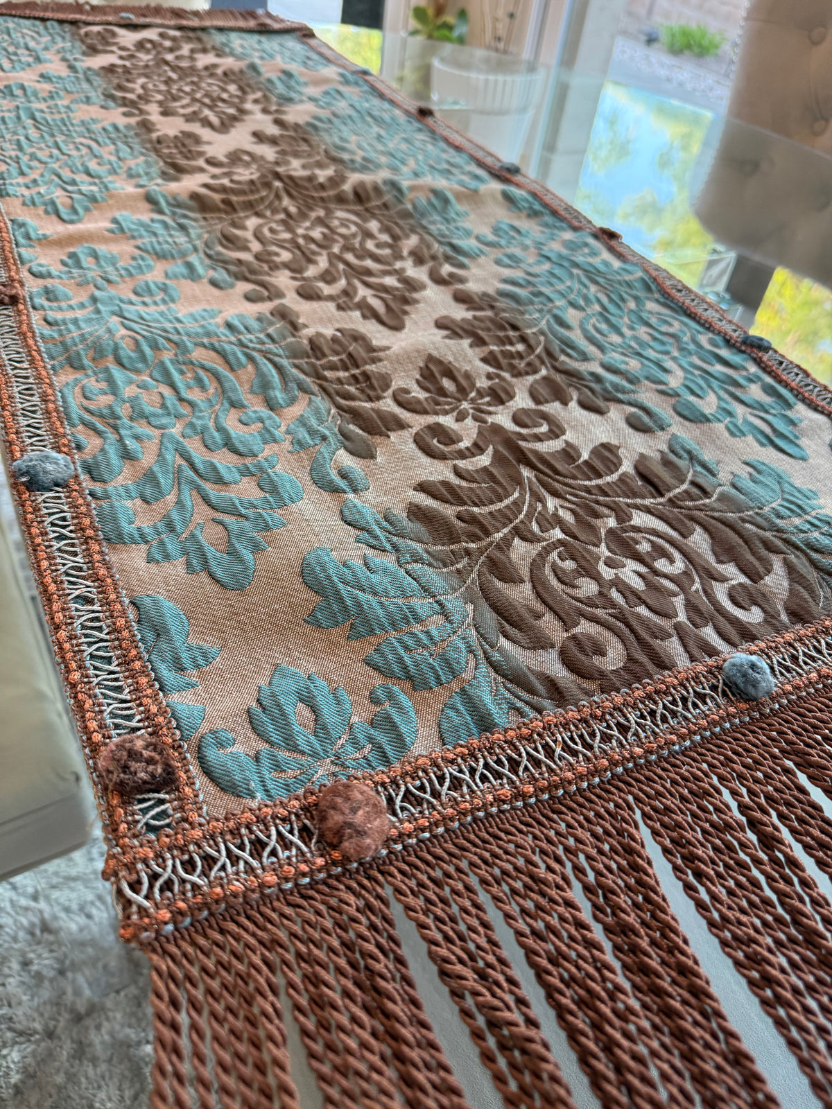 Ornate Damask Table Runner with Twisted Fringe