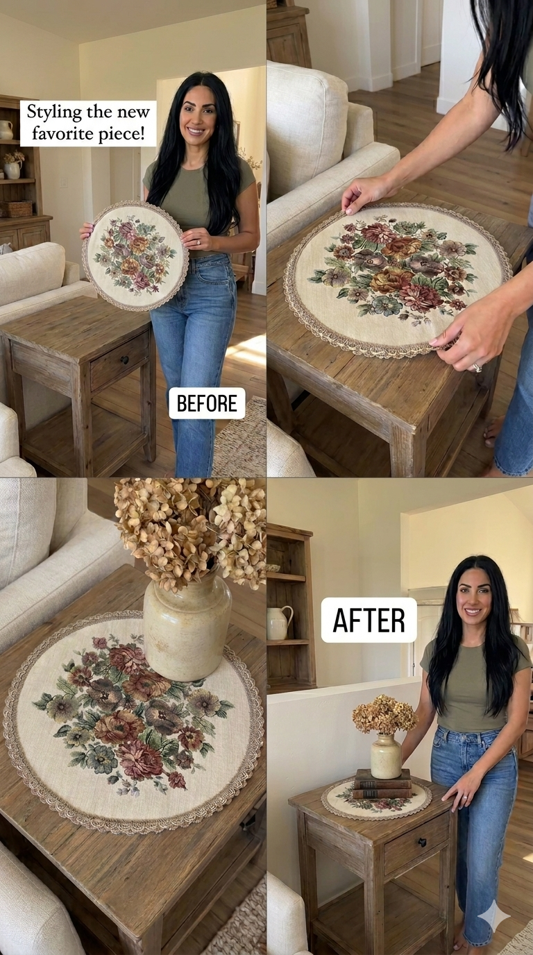 Woman styling a round floral tapestry table cover on a wooden coffee table — before and after