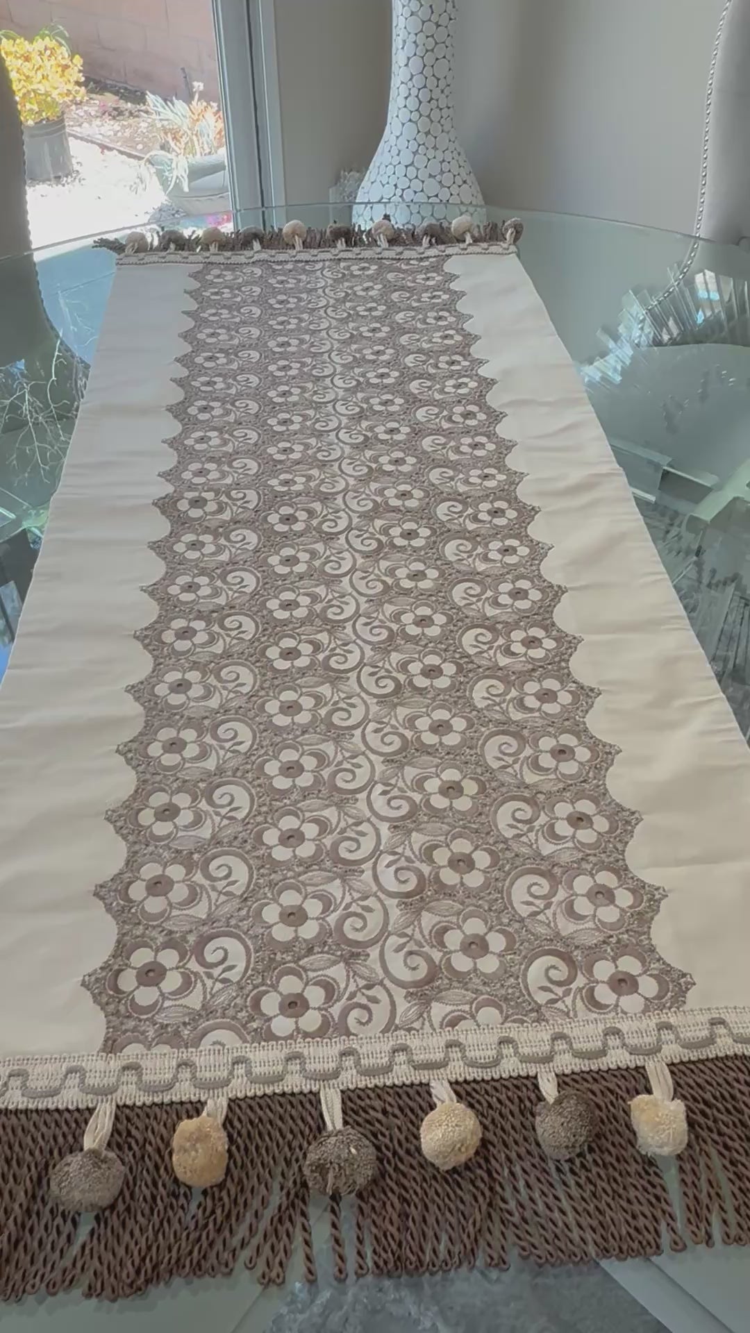 Floral Lace Table Runner – Nylon, Wipeable, Pom Pom Tassels (45.5 in)