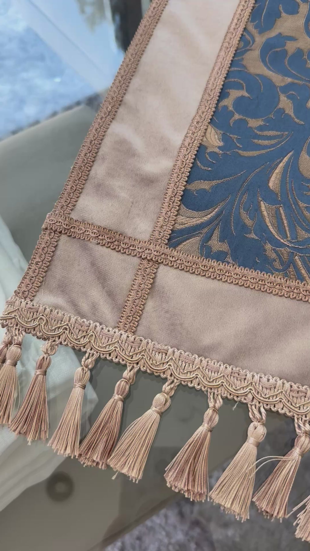 Ornate Table Runner with Tassel Fringe | Blue & Champagne